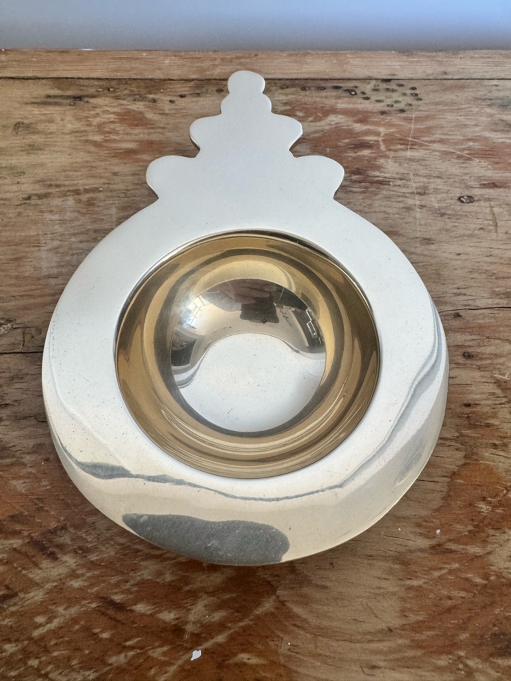 Brass porringer bowl with decorative stepped finial handle - made in Spain